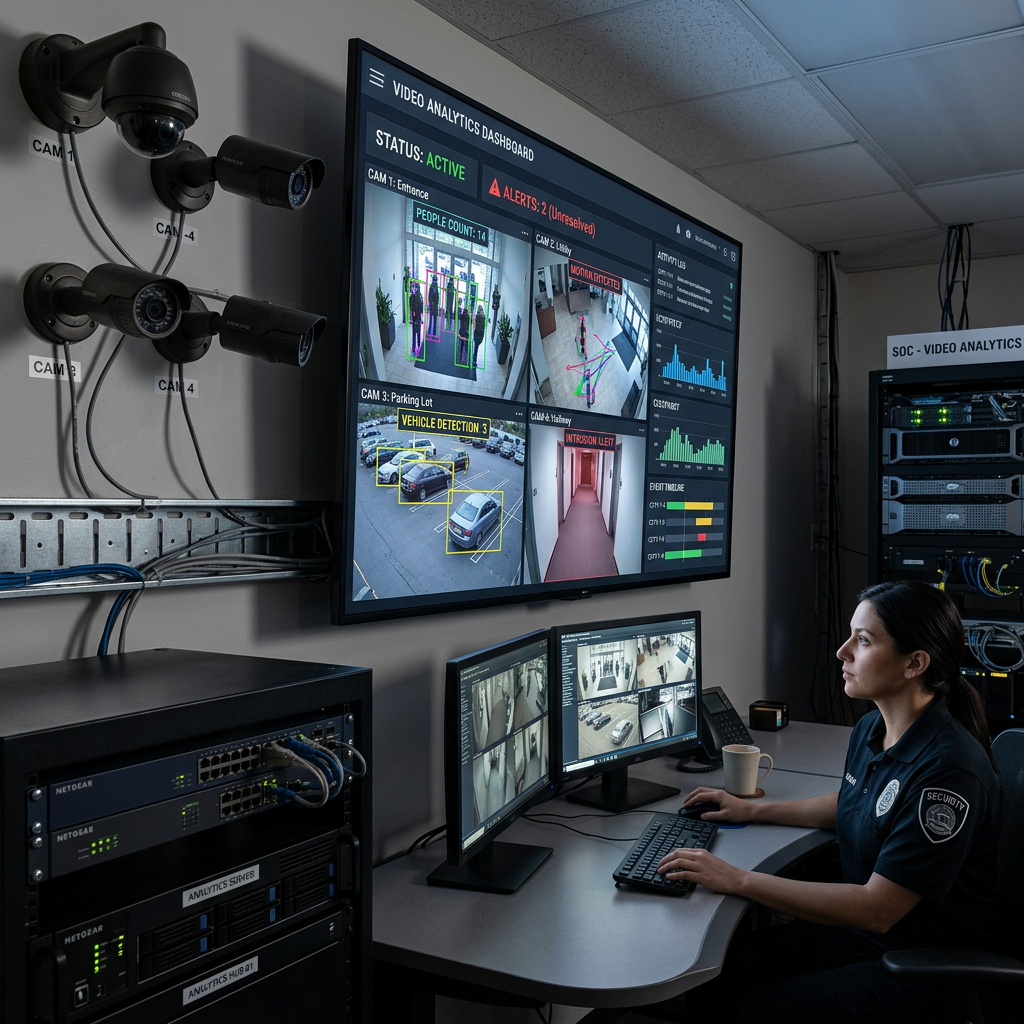 Security officer watching multiple live video surveillance feeds on screens showing people, vehicle detection, and alerts