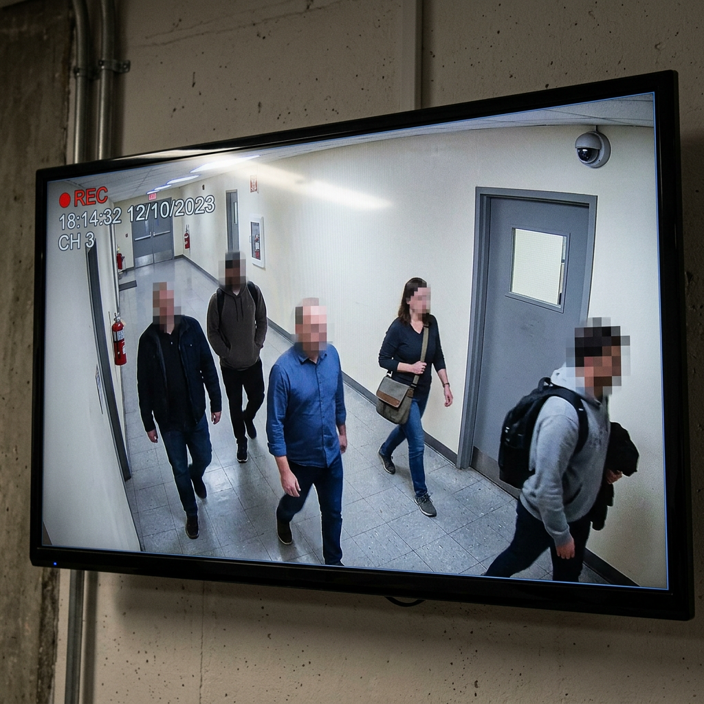 Five individuals walking in a corridor monitored by a security camera on December 10, 2023