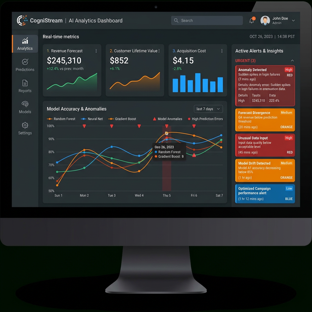 AI analytics dashboard displaying revenue forecast, customer lifetime value, acquisition cost, model accuracy, and active alerts