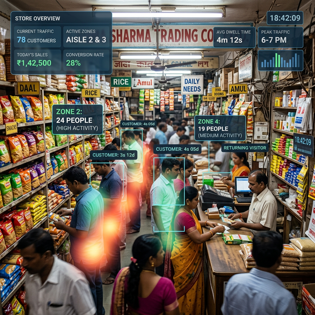 Inside a busy retail store showing customers shopping with analytics data overlays including customer count, zone activity, sales, and time