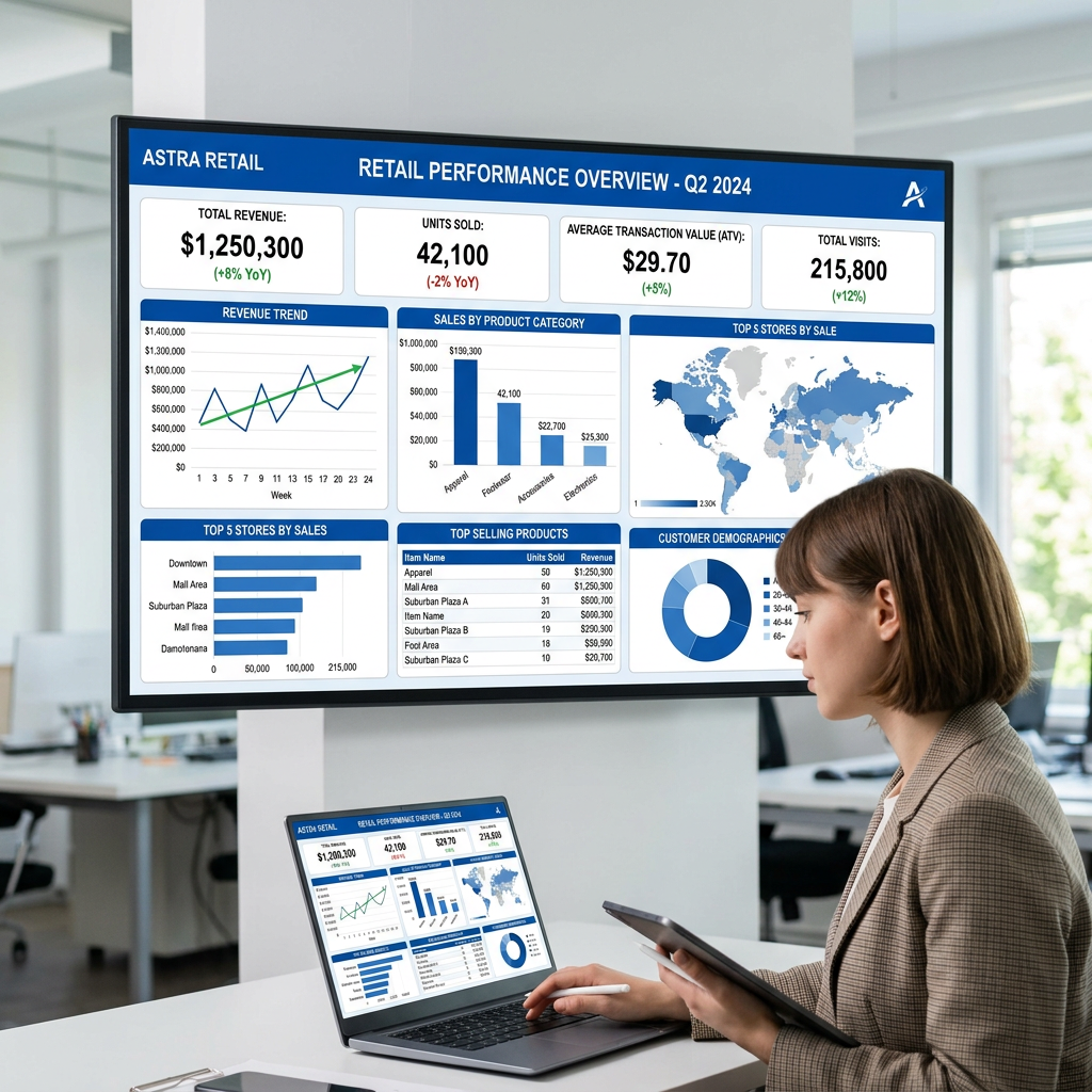 Business analyst reviewing retail performance dashboard for Q2 2024 with sales, revenue, and demographics data