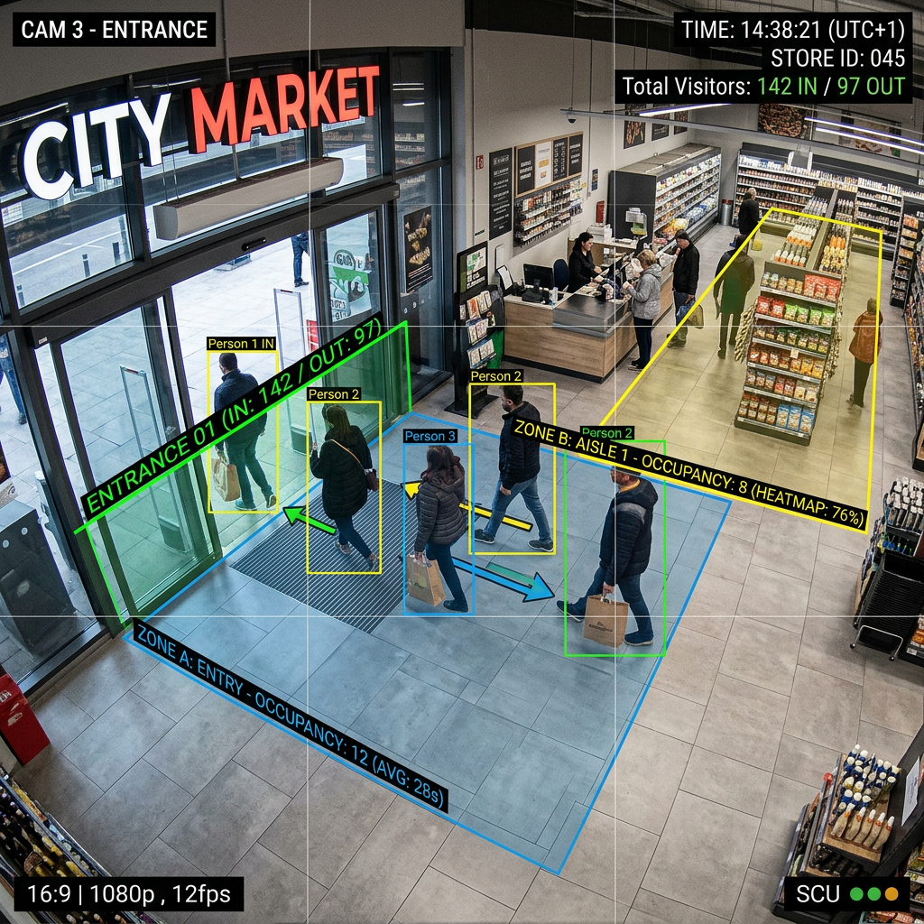 Supermarket entrance with customers tracked by foot traffic and occupancy monitoring system